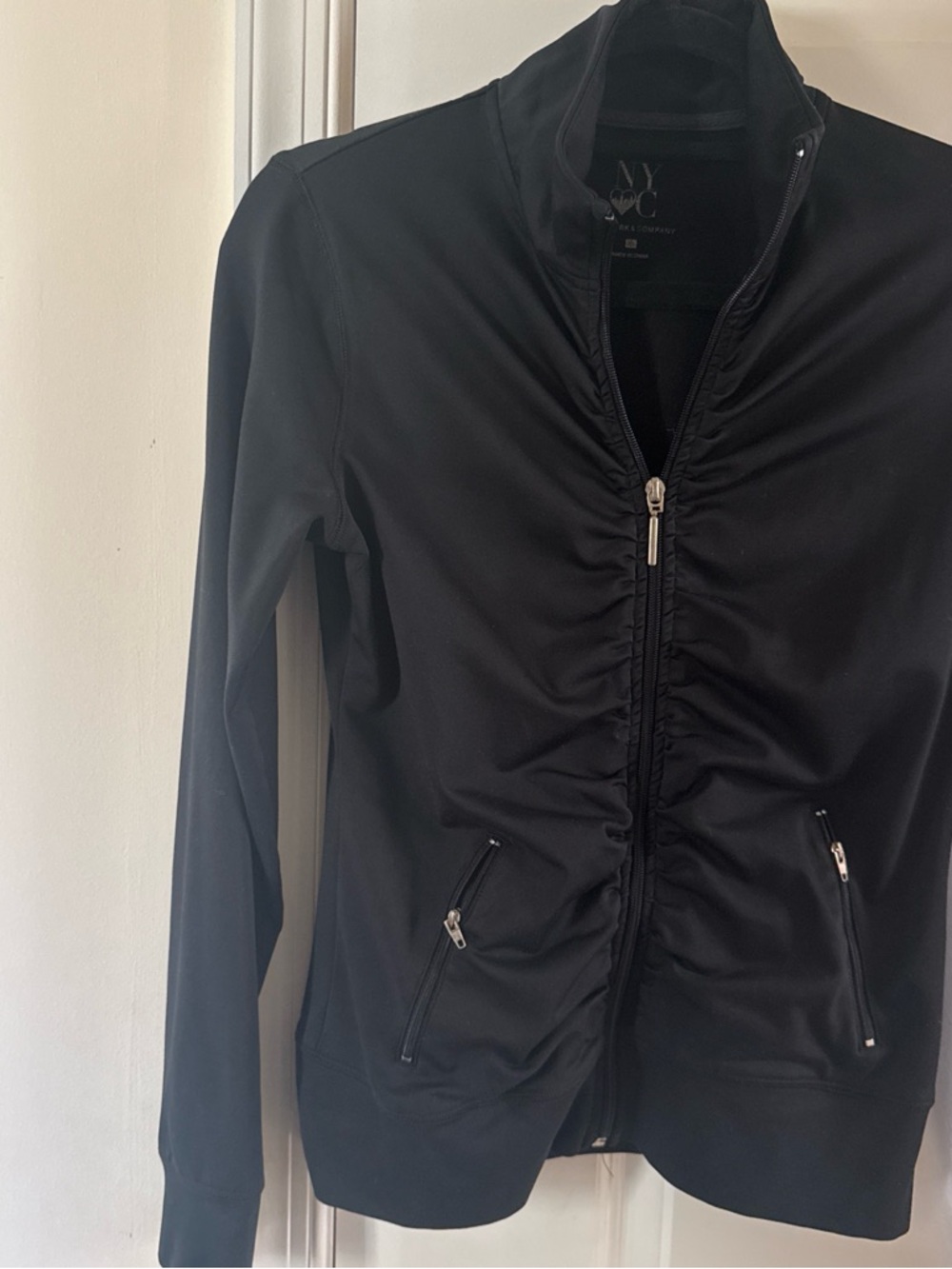 New York & Company Black Ruched Zip-Front Bomber Jacket